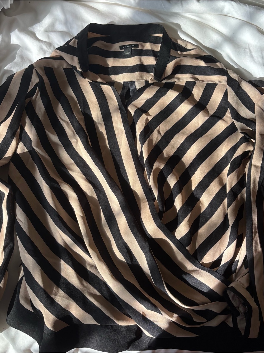 Ann Taylor Black and Beige Striped Button-Front Blouse